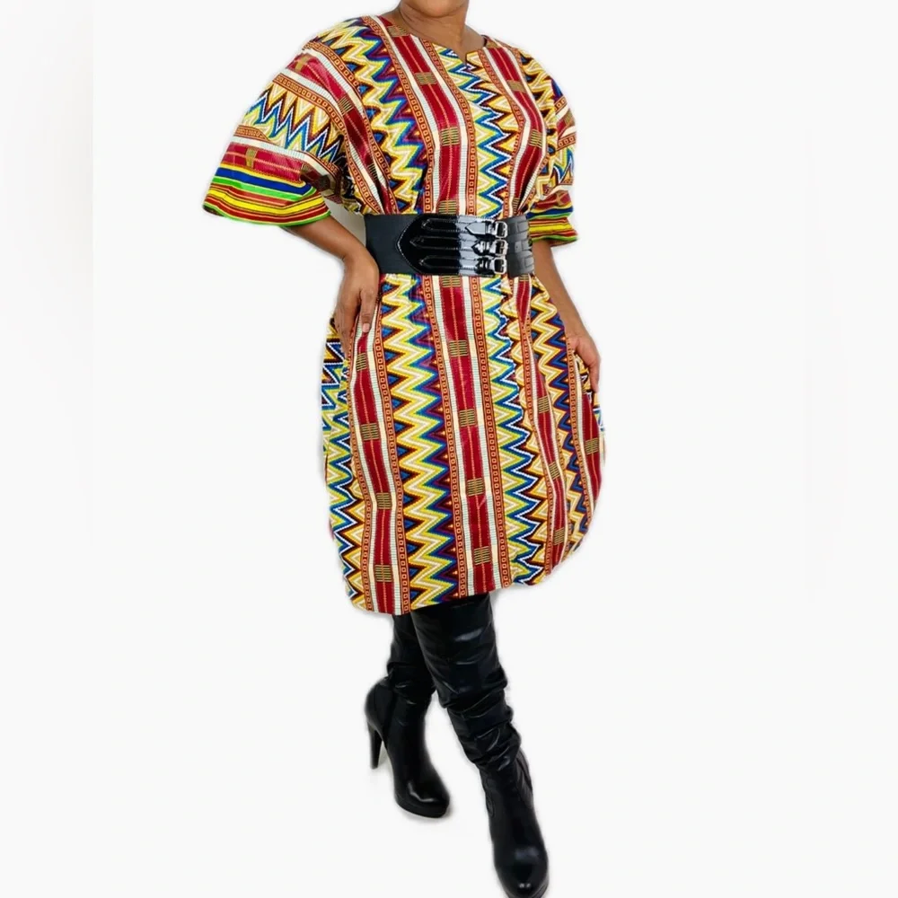 Multicolor Chevron Zigzag Notch Neck Cotton Midi Shirt Handmade Kaftan Dress